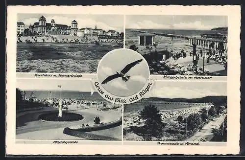 AK Binz auf Rügen, Konzertplatz mit Hochufer, Kurhaus, Promenade und Strand