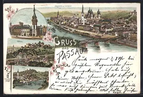 Lithographie Passau, Panoramablick vom Stadtberge aus, Blick auf Rathaus, Oberhaus und Hals