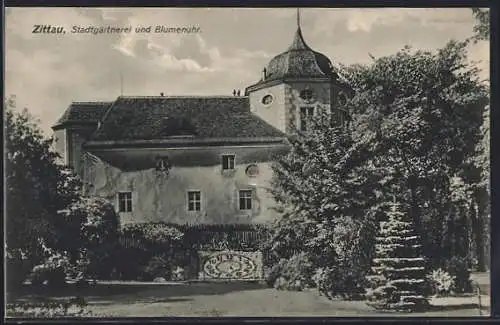 AK Zittau, Stadtpark, Stadtgärtnerei und Blumenuhr