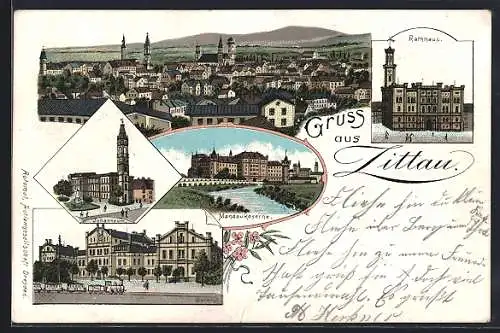 Lithographie Zittau, Bahnhof, Johanneum, Mandaukaserne, Rathaus, Stadt-Panorama