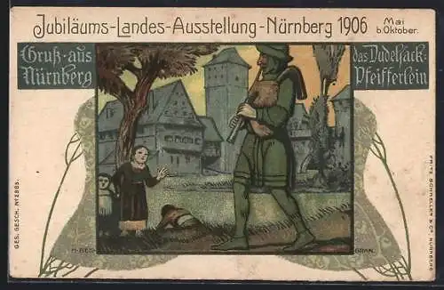 Lithographie Nürnberg, Jubiläums-Landes-Ausstellung 1906, Das Dudelsack-Pfeifferlein