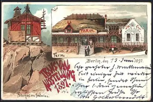 Lithographie Berlin, Transvaal Ausstellung 1897, Förderhaus zur Goldmine, Farm