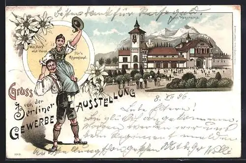 Lithographie Berlin-Treptow, Gewerbe-Ausstellung 1896, Alpenpanorama, Liebespaar in Tracht
