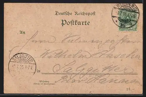 Lithographie Berlin-Treptow, Gewerbe-Ausstellung 1896, Alpenpanorama, Liebespaar in Tracht