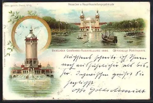 Lithographie Berlin, Gewerbe-Ausstellung 1896, Neuer See u. Haupt-Ausstellungsgebäude