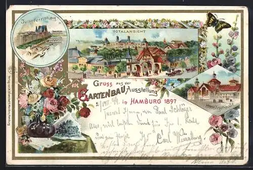 Lithographie Hamburg, Allgemeine Gartenbau-Ausstellung 1897, Hauptgebäude, Jungfernstieg