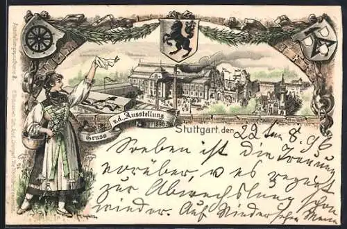 Lithographie Stuttgart, Ausstellung 1896, Ausstellungsgelände, Frau in Tracht