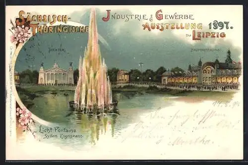 Lithographie Leipzig, Sächs.-Thür. Industrie & Gewerbe-Ausstellung 1897, Theater, Licht-Fontaine und Hauptrestaurant