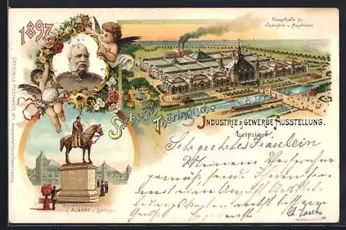 Lithographie Leipzig, Sächs.-Thür. Industrie- und Gewerbeausstellung 1897, Reiterstandbild und Portrait König Albert