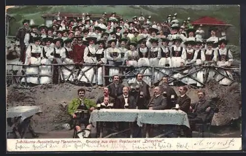 AK Mannheim, Intern. Kunst & Grosse Gartenbau-Ausstellung 1907, Gruppe aus dem Restaurant Zillerthal