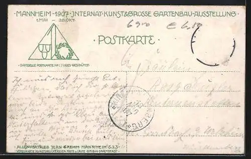 AK Mannheim, Intern. Kunst & Grosse Gartenbau-Ausstellung 1907, Gruppe aus dem Restaurant Zillerthal