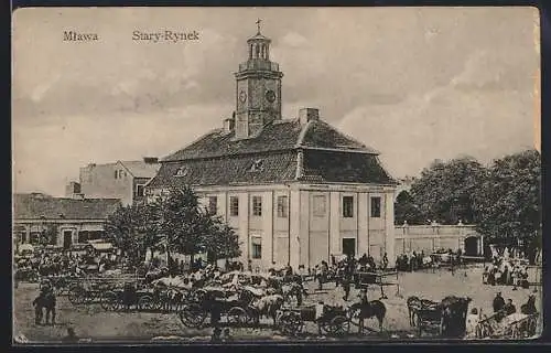 AK Mlawa, Stary-Rynek, Platz mit grossem Gebäude, Pferdegespanne