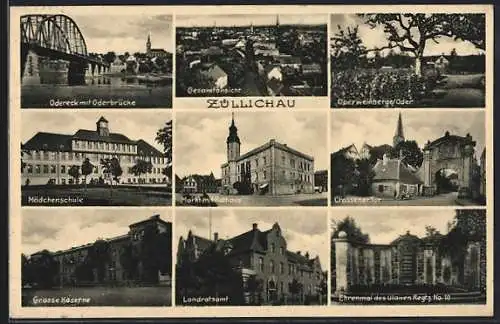AK Züllichau, Odereck mit Oderbrücke, Mädchenschule, Ehrenmal des Ulanen Regts. No. 10