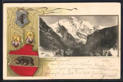 Passepartout-Lithographie Interlaken, Blick zur Jungfrau, Wappen