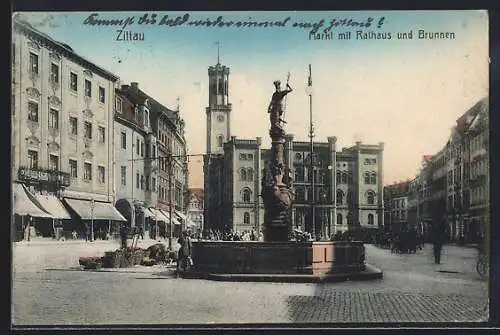 AK Zittau, Markt m. Rathaus u. Brunnen