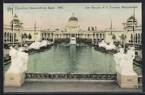 AK Gand, Exposition Universelle et Internationale 1913, Les Bassins et la Fontaine Monumentale, Ausstellung