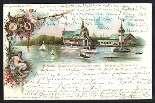 Lithographie Berlin, Gewerbe Ausstellung 1896, Geb. f. Fischerei u. Sport, Geb. f. Nahrungs- u. Genussmittel, Dampfer