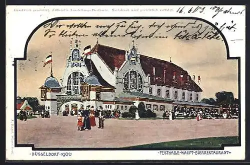 Künstler-AK Düsseldorf, Ausstellung 1902, Festhalle-Haupt-Bierrestaurant