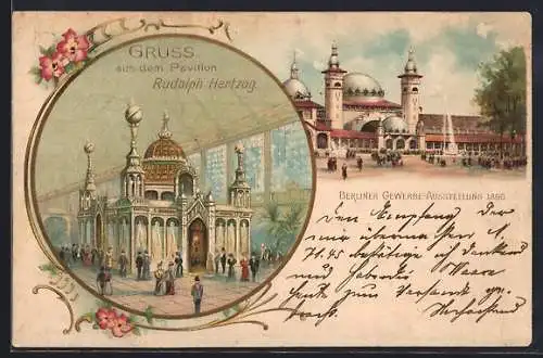 Lithographie Berlin, Gewerbe-Ausstellung 1896, Pavillon Rudolph Hertzog