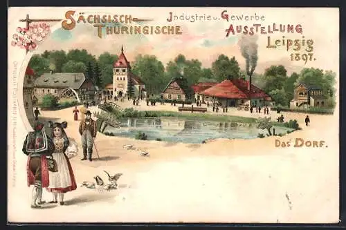 Lithographie Leipzig, Sächs.-Thür. Industrie- und Gewerbeausstellung 1897, Dorfansicht mit Teich und Bewohner in Tracht
