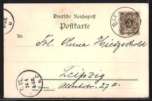 Lithographie Leipzig, Sächs.-Thür. Industrie- und Gewerbeausstellung 1897, Dorfansicht mit Teich und Bewohner in Tracht