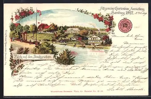 Lithographie Hamburg, Allg. Gartenbauausstellung 1897, Blick auf den Stadtgraben