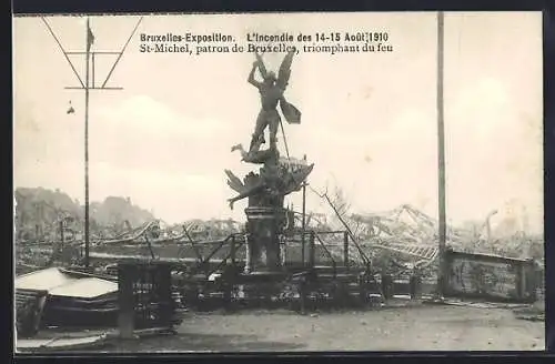 AK Bruxelles, Exposition 1910, l'Incendie, St-Michel, patron de Bruxelles triomphant du feu