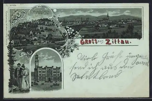 Lithographie Zittau, Rathaus, Teilansicht, Pärchen