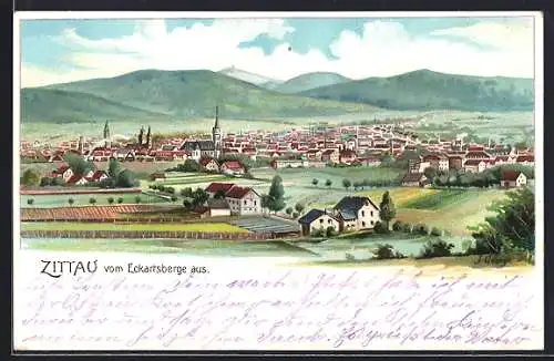 Lithographie Zittau, Teilansicht mit Kirche vom Eckartsberge aus