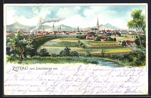 Lithographie Zittau, Ortsansicht vom Eckartsberge aus