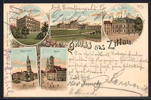 Lithographie Zittau, Kgl. Baugewerkschule, Bahnhof, Post, Johanneum, Markt