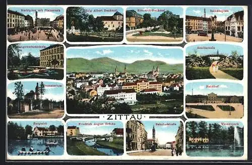 AK Zittau i. Sa., Krematorium, Burgteich, Marktplatz mit Platzmusik, Rathausplatz, Bahnhof