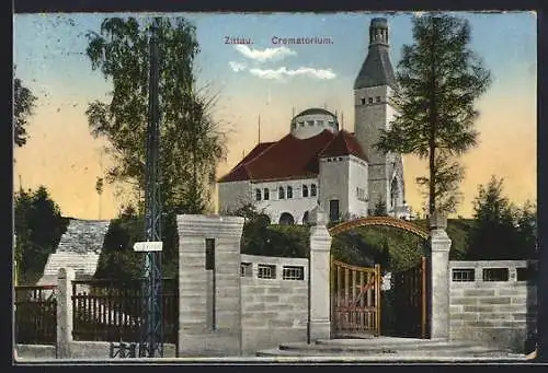 AK Zittau, Krematorium im Abendlicht