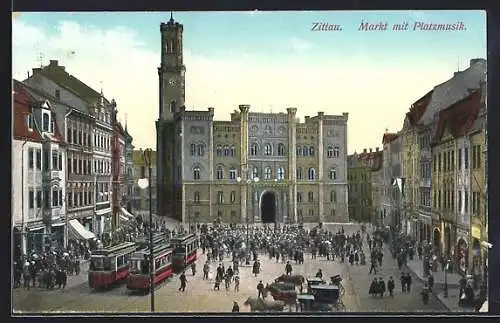 AK Zittau, Strassenbahn am Markt, Platzmusik