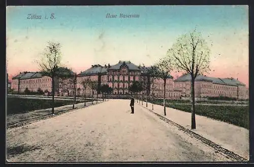 AK Zittau i. S., Neue Kasernen mit Bäumen