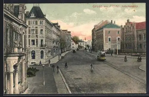 AK Zittau, Haberkornplatz mit Strassenbahn