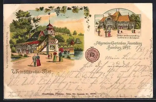 Lithographie Hamburg, Allgemeine Gartenbau-Ausstellung 1897, Weinhütte im Thal