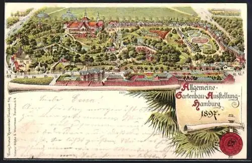 Lithographie Hamburg, Allgemeine Gartenbau-Ausstellung 1897, Panorama