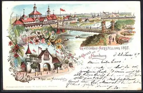 Lithographie Hamburg, Allgemeine Gartenbau-Ausstellung 1897, Thor am Holstenplatz