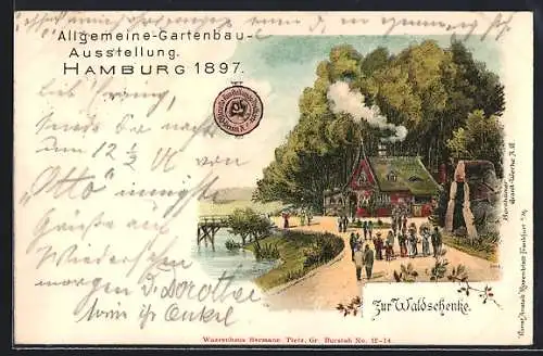 Lithographie Hamburg, Allgemeine-Gartenbau-Ausstellung 1897, Gasthaus Zur Waldschenke
