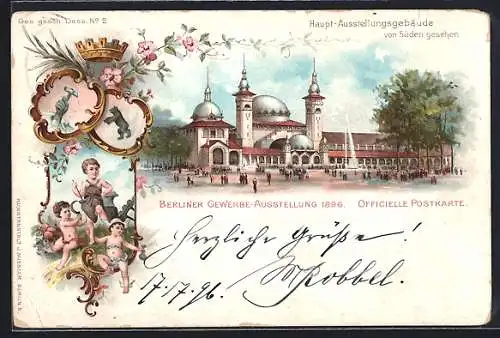 Lithographie Berlin, Gewerbe-Ausstellung 1896, Haupt-Austellunsggebäude von Süden gesehen