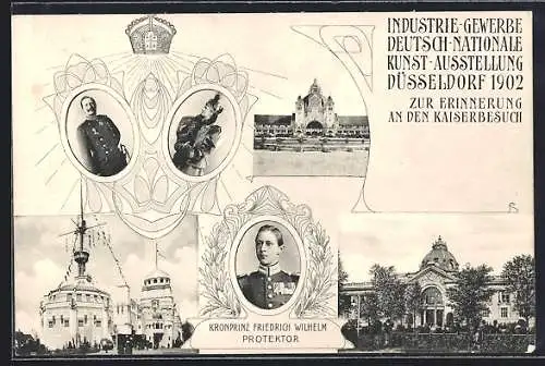 AK Düsseldorf, Industrie-Gewerbe-, Deutsch-Nationale Kunst-Ausstellung 1902, Kaiserbesuch, Kaiserpaar und Kronprinz
