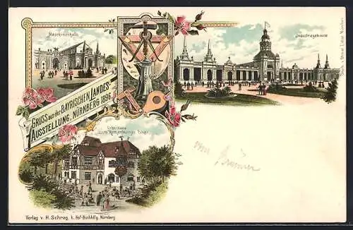 AK Nürnberg, Bayrische Landesausstellung 1896, Cafe-Haus zum Rothenburger Erker, Industriegebäude, Maschinenhalle