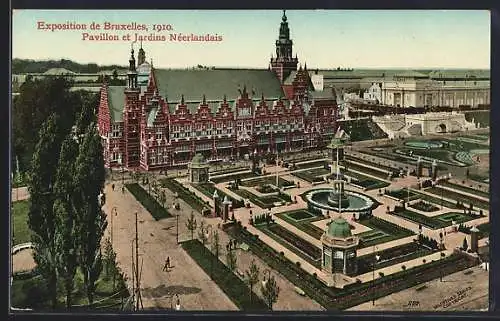 AK Bruxelles, Exposition 1910, Pavillon et Jardins Neerlandais, Parkanlagen