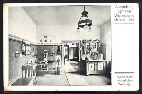 AK München, Ausstellung bemalter Wohnräume 1909, küche in der bürgl. Wohnung