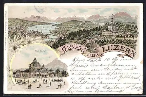 Lithographie Luzern, Panorama, Neuer Bahnhof & Bergbahn