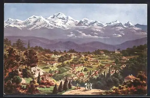 Künstler-AK Darjelliing, Panorama mit Himalaya