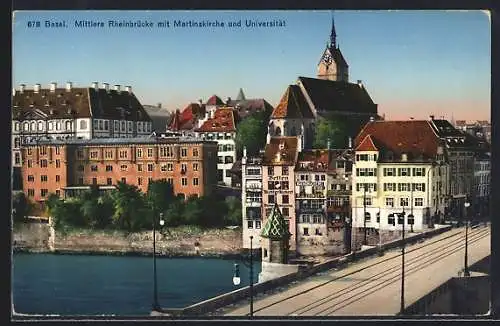 AK Basel, Mittlere Rheinbrücke mit Martinskirche und Universität