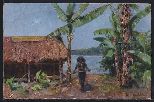 AK Papua, Einheimischer bei seiner Hütte