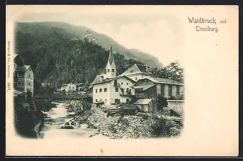 AK Waidbruck, Uferpartie mit Kirche und Trostburg